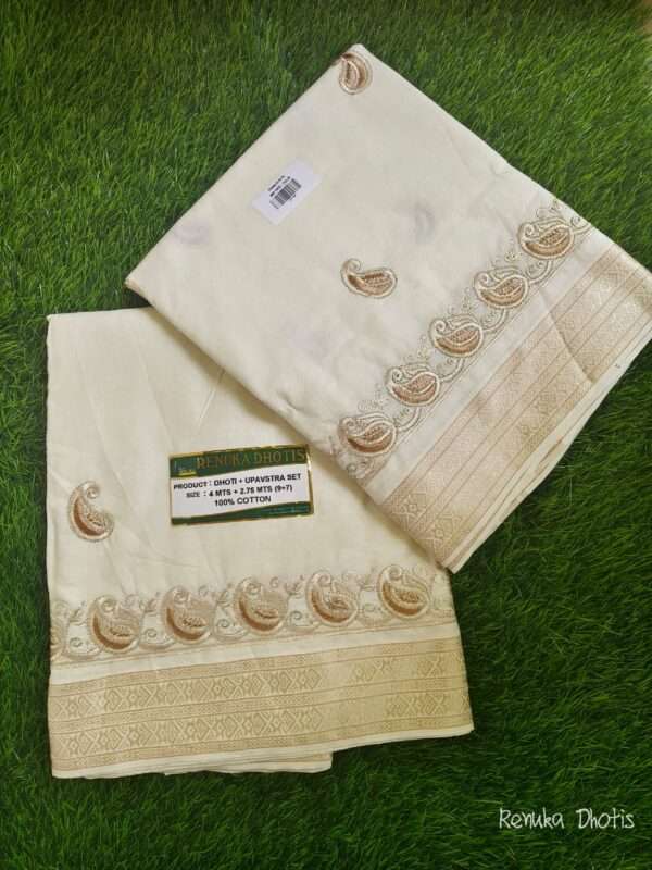 High Quality  Crim white 2 Pis Embroidery dhoti+ upavastra set  9+7 (100% Cotton)